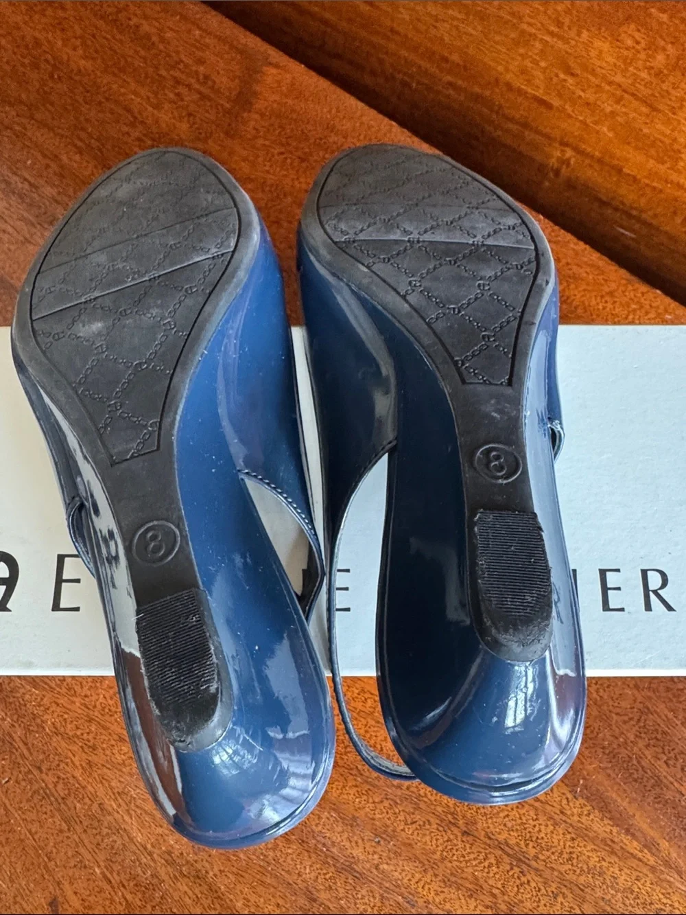 Etienne Aigner Navy Patent Peep-Toe Slingback Wedges with Bow